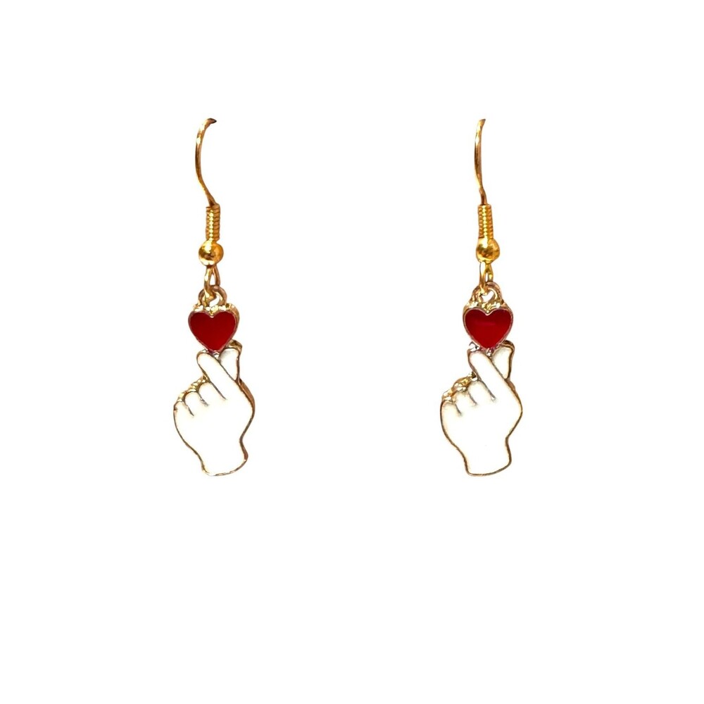Enamel Hand and Heart Charm on 10kt Gold Earrings #2209